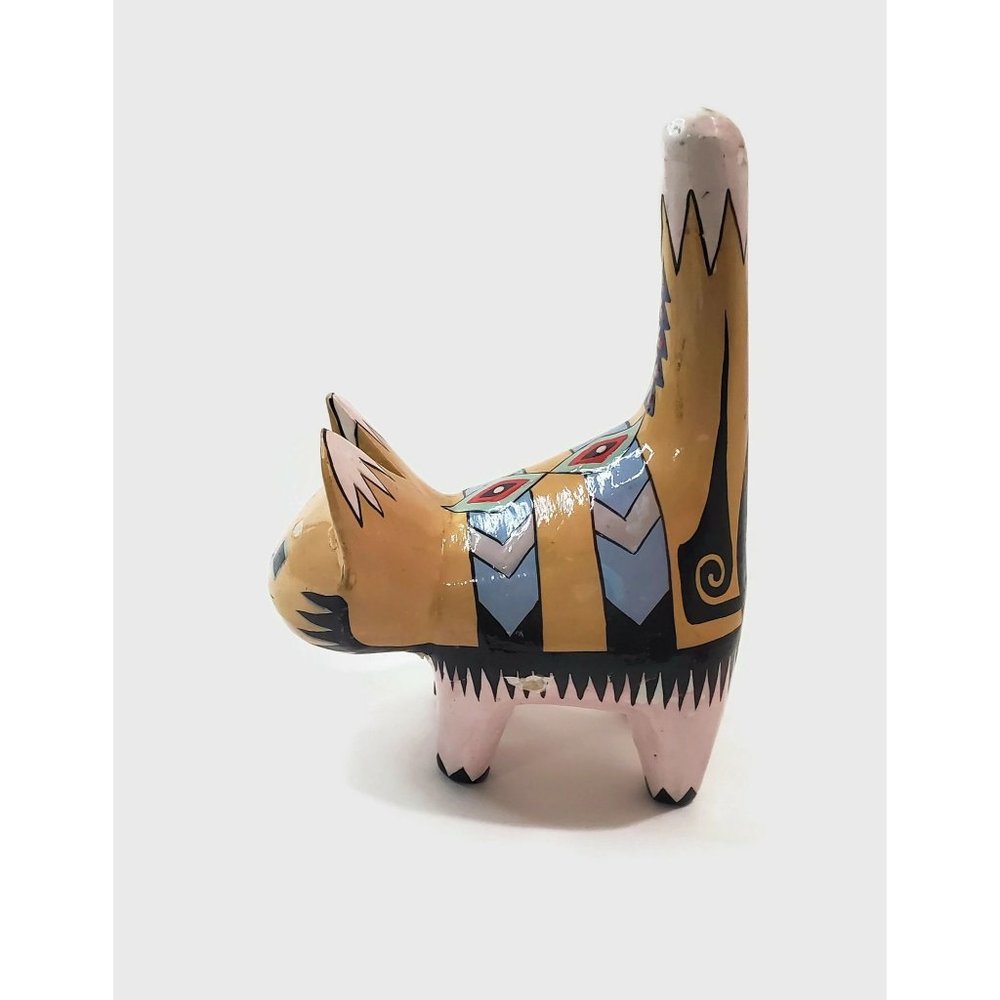 Papier Paper Mache Southwestern Design Folk Art Cat Figurine 2 Chipped Spots